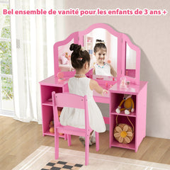 Costway Ensemble Table et Chaise 2 en 1 pour Enfants Coiffeuse de Maquillage avec Miroir Amovible à Trois Volets Étagères Ouvertes Filles de 3+ Ans Rose