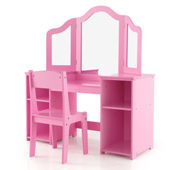 Costway Ensemble Table et Chaise 2 en 1 pour Enfants Coiffeuse de Maquillage avec Miroir Amovible à Trois Volets Étagères Ouvertes Filles de 3+ Ans Rose