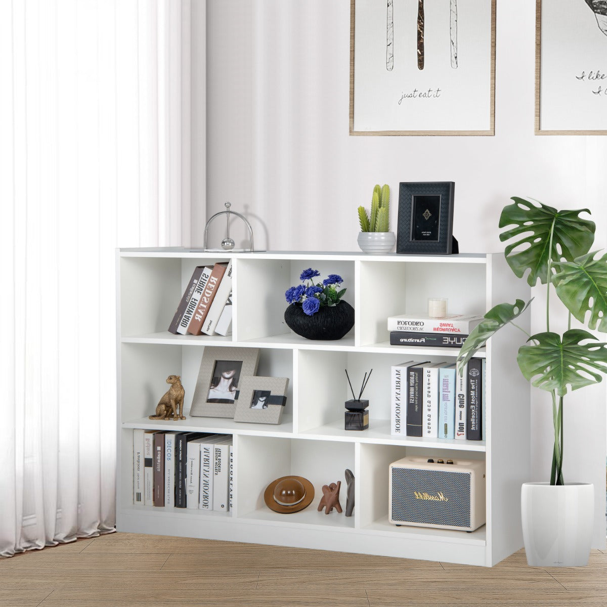 Costway Bibliothèque Enfants à 3 Niveaux avec 8 Cases Étagère à Livres Enfant avec Espace de Rangement Charge 60kg 122 x 32 x 93 CM Blanc