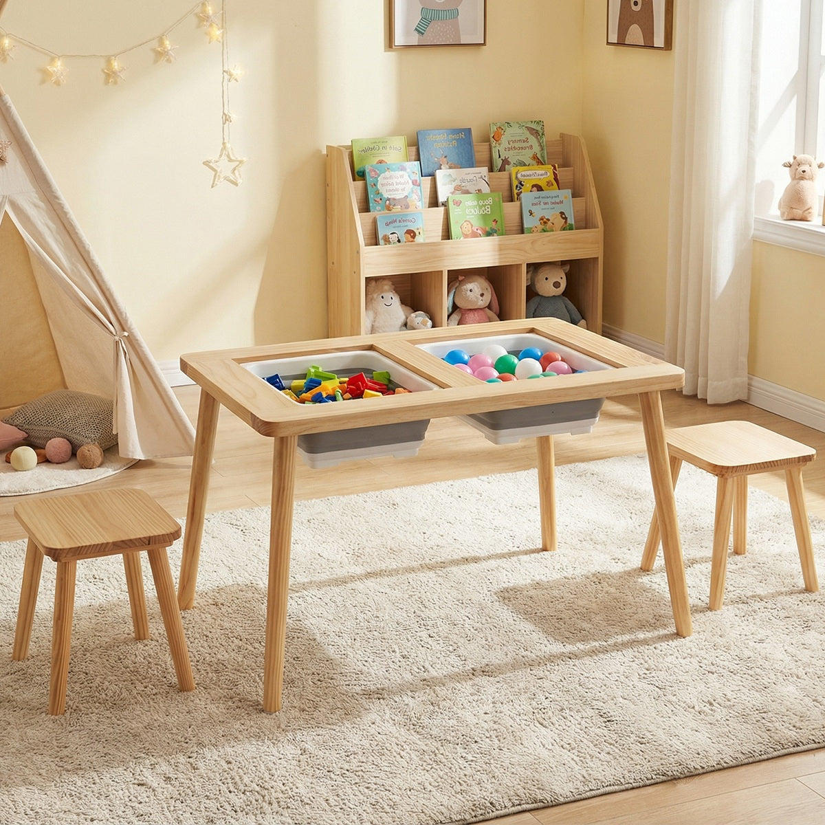 Costway Ensemble Table et Chaises pour Enfants avec Plateaux Réversibles Amovibles & 2 Bacs de Rangement Pieds Solides en Pin pour 3 Ans+ Naturel