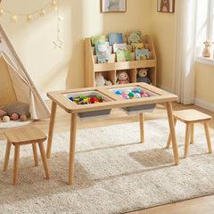 Costway Ensemble Table et Chaises pour Enfants avec Plateaux Réversibles Amovibles & 2 Bacs de Rangement Pieds Solides en Pin pour 3 Ans+ Naturel