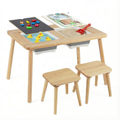 Costway Ensemble Table et Chaises pour Enfants avec Plateaux Réversibles Amovibles & 2 Bacs de Rangement Pieds Solides en Pin pour 3 Ans+ Naturel