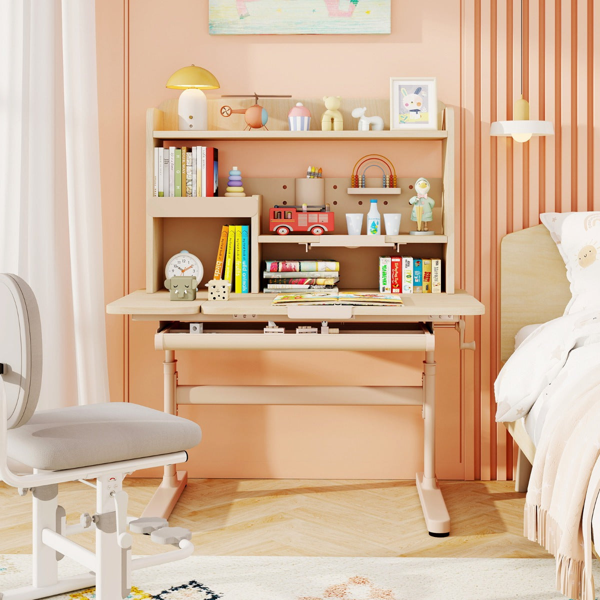 Costway Bureau d'Étude pour Enfants avec Bibliothèque et Tiroir Table d'Écriture Réglable en Hauteur pour Enfants avec Plateau Inclinable Naturel