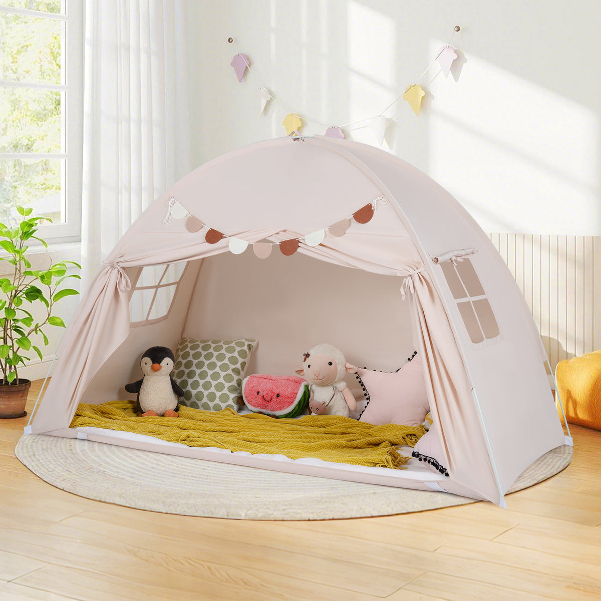 Costway Tente de Lit Double Jumeau pour Enfants Tente Pliante et Portable pour Lit Superposé Double avec 2 Fenêtres et Drapeaux pour 3+ Ans Beige