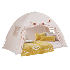 Costway Tente de Lit Double Jumeau pour Enfants Tente Pliante et Portable pour Lit Superposé Double avec 2 Fenêtres et Drapeaux pour 3+ Ans Beige