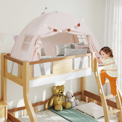 Costway Tente de Lit Double Jumeau pour Enfants Tente Pliante et Portable pour Lit Superposé Double avec 2 Fenêtres et Drapeaux pour 3+ Ans Beige