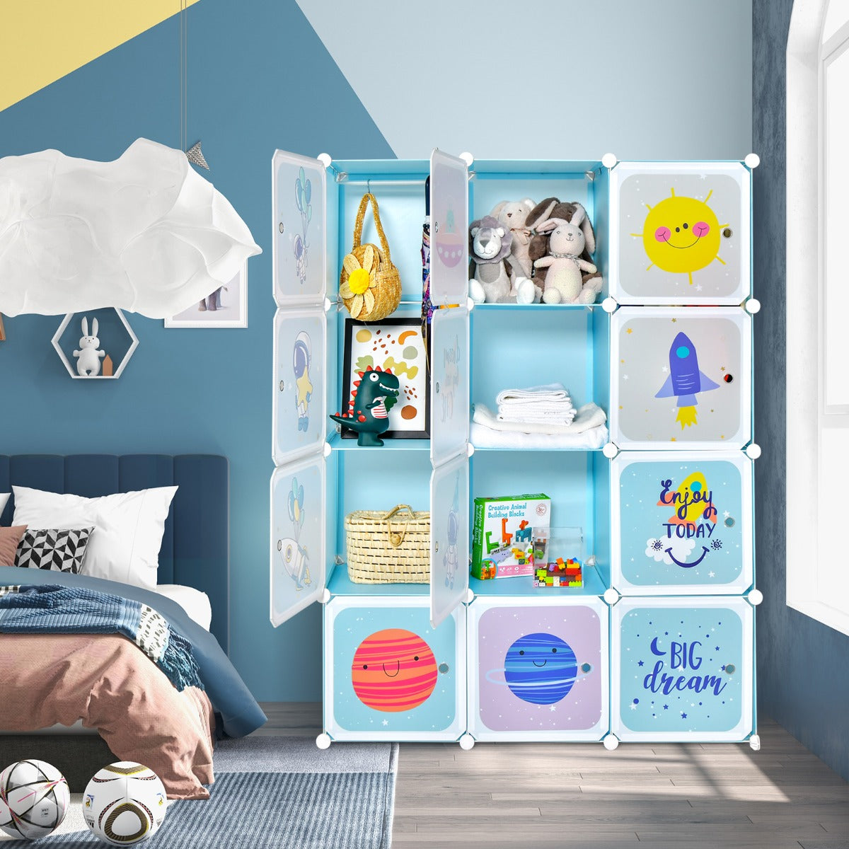 Costway Armoire portable pour enfants Commode pour Bébé 12 Cubes avec 2 Sections Penderie Joli Organisateur de Rangement pour Enfants Bleu