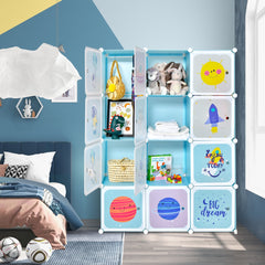 Costway Armoire portable pour enfants Commode pour Bébé 12 Cubes avec 2 Sections Penderie Joli Organisateur de Rangement pour Enfants Bleu