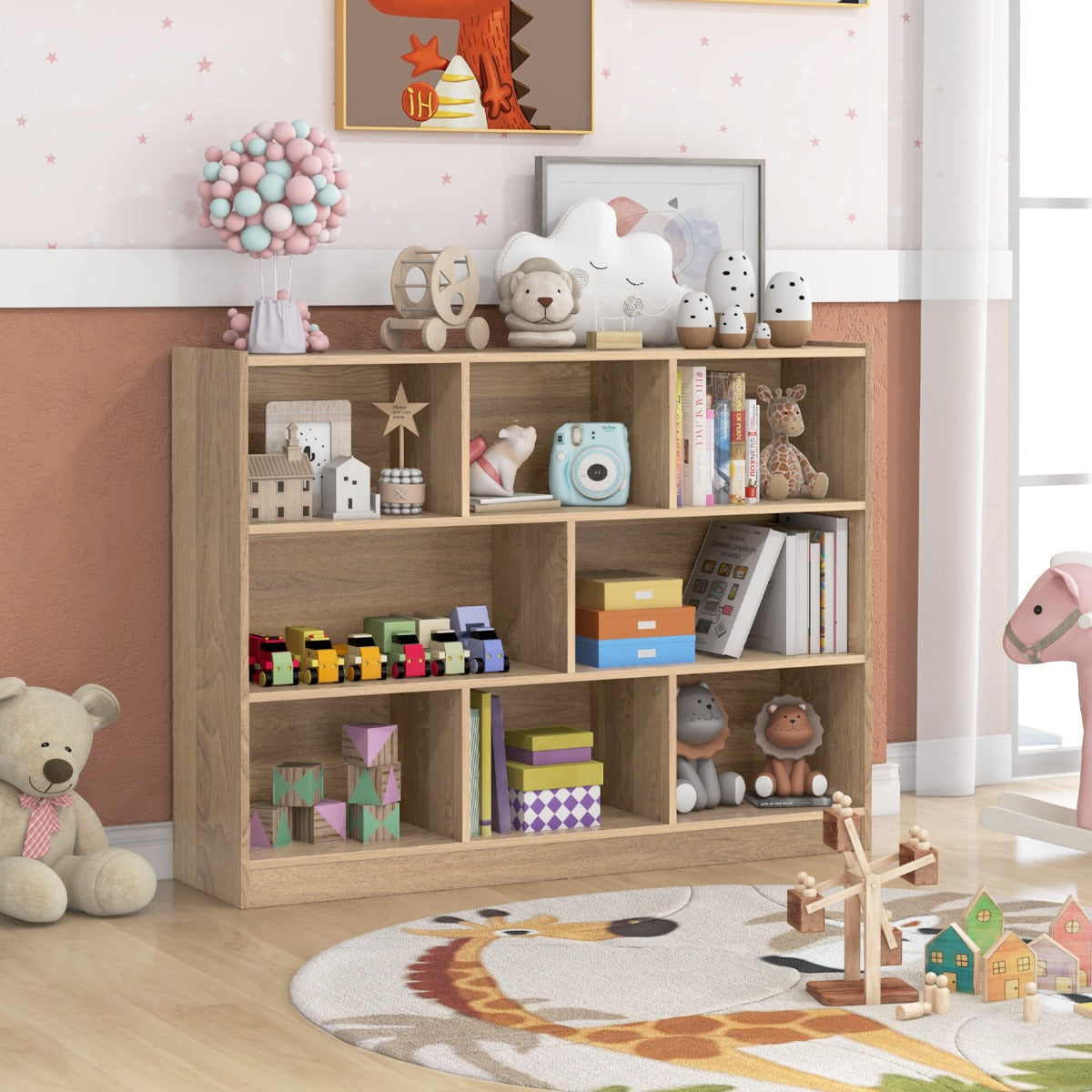 Costway Bibliothèque Enfants à 3 Niveaux avec 8 Cases Étagère à Livres Enfant avec Espace de Rangement Charge 60kg 122 x 32 x 93 CM Naturel