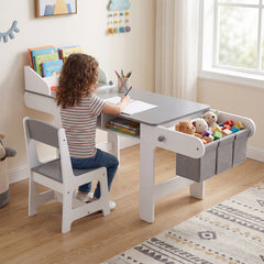 Costway Table Enfant avec Chaise Bureau d'Activités avec Rouleau de Papier Table de Dessin avec Gobelets Peinture & Bacs Rangements pour 3+ Ans Gris