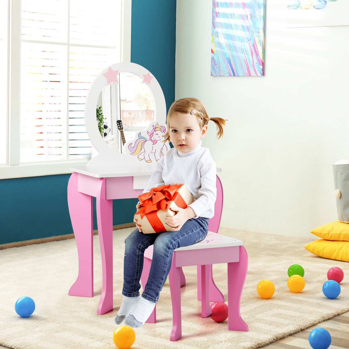 Costway Coiffeuse pour Enfant Table de Maquillage avec Tabouret Miroir Détachable et 1 Tiroir de Rangement