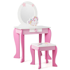 Costway Coiffeuse pour Enfant Table de Maquillage avec Tabouret Miroir Détachable et 1 Tiroir de Rangement