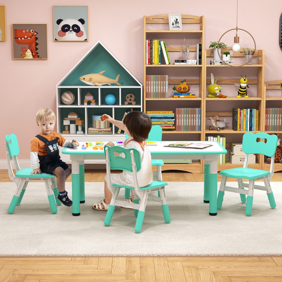 Costway Ensemble Table Enfant et 4 Chaises Bureau Réglable en Hauteur avec Plateau Graffiti Pieds Antidérapants Table Multifonction Vert