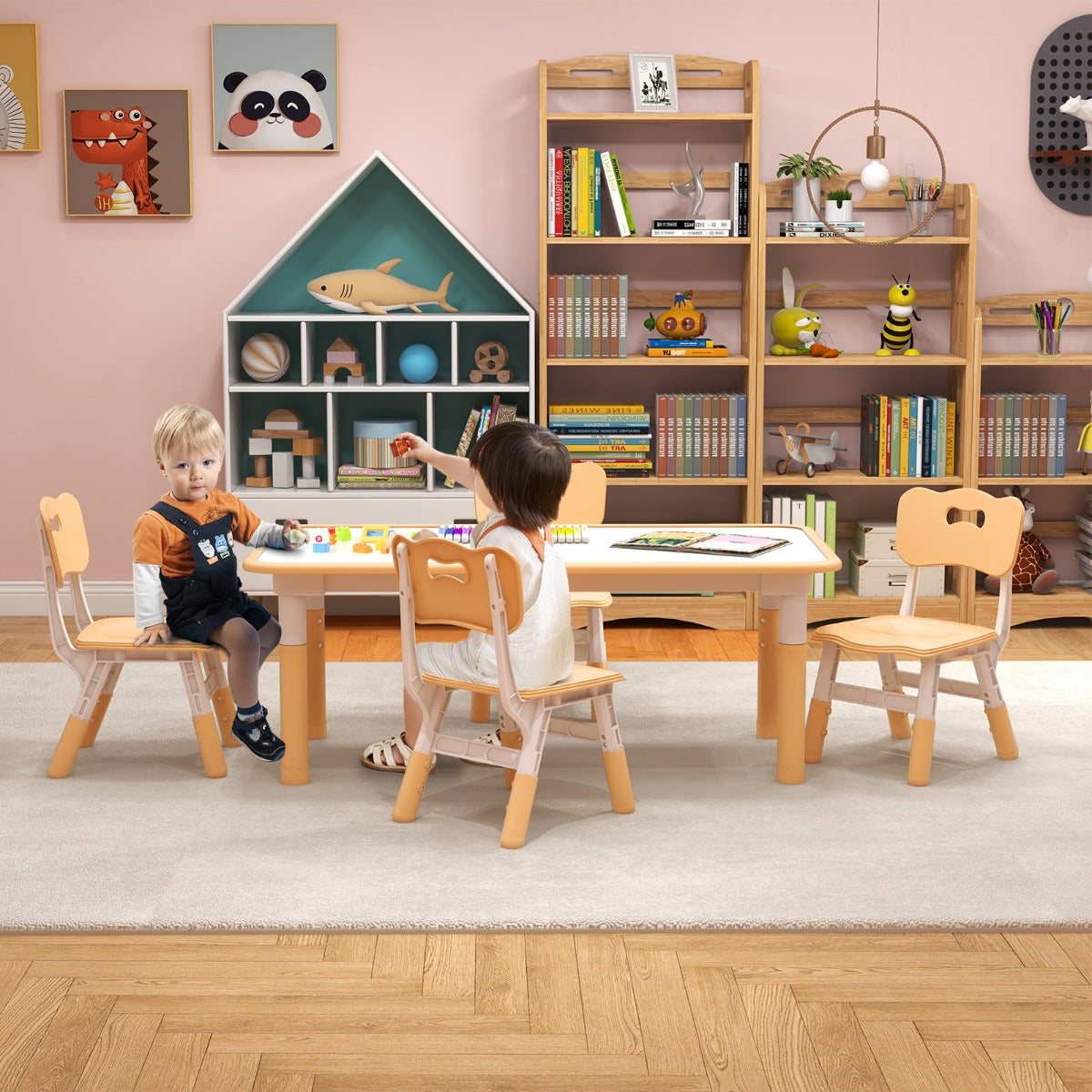 Costway Ensemble Table Enfant et 4 Chaises Bureau Réglable en Hauteur avec Plateau Graffiti Pieds Antidérapants Table Multifonction Naturel