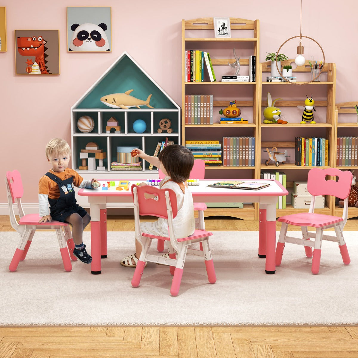 Costway Ensemble Table Enfant et 4 Chaises Bureau Réglable en Hauteur avec Plateau Graffiti Pieds Antidérapants Table Multifonction Rose