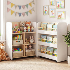Costway Bibliothèque à 3 Niveaux pour Enfants avec Roues Présentoir à Livres Double Face et Chariot de Rangement Étagère pour Tout-petits Blanc