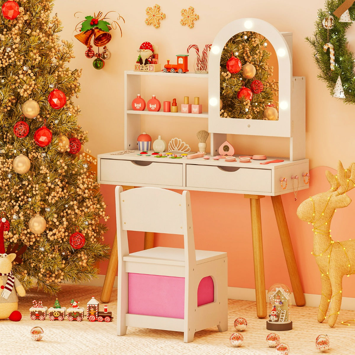 Costway Coiffeuse pour Enfants Coiffeuse avec 3 Modes d'Éclairage Luminosité Réglable Miroir Étagères et Tiroirs Ouverts Blanc