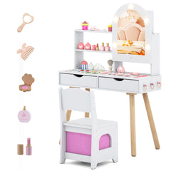 Costway Coiffeuse pour Enfants Coiffeuse avec 3 Modes d'Éclairage Luminosité Réglable Miroir Étagères et Tiroirs Ouverts Blanc