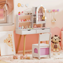 Costway Coiffeuse pour Enfants Coiffeuse avec 3 Modes d'Éclairage Luminosité Réglable Miroir Étagères et Tiroirs Ouverts Blanc
