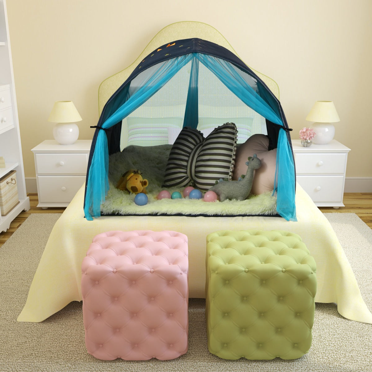 Costway Tente de Lit Enfants Tente de Rêve Portable avec Double Rideau en Maille Sac de Transport 144 x 102 x 82 CM Bleu