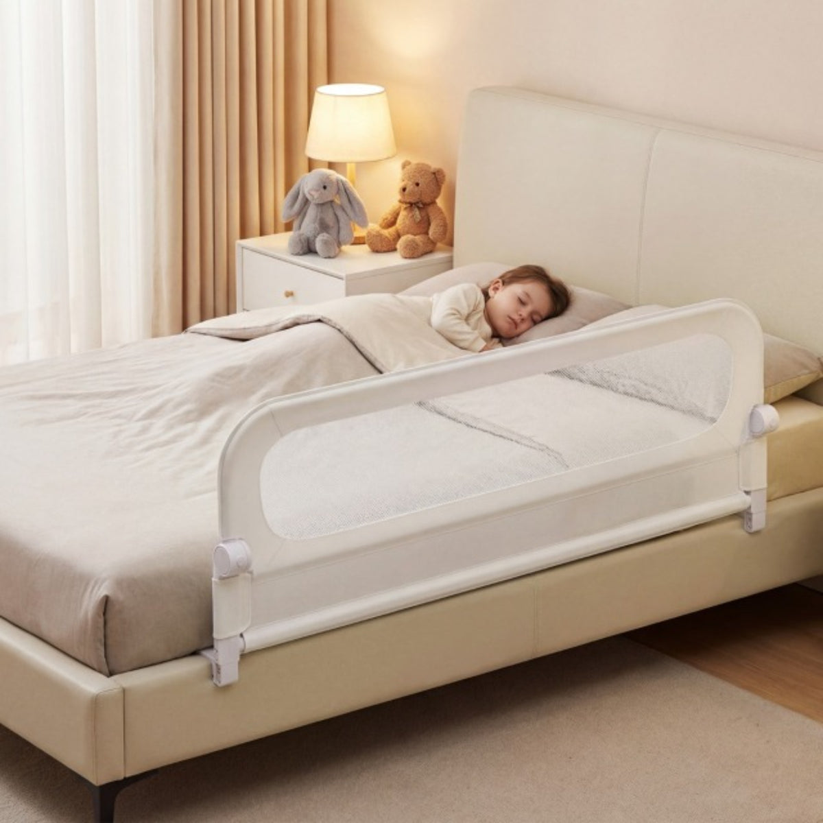 Costway Lot de 2 Barrières de Lit Pliable Ajustable de 178 CM Blanc+Barrière de Lit Pliable pour Bébé Ajustable de 148 CM avec Housse Amovible Blanc