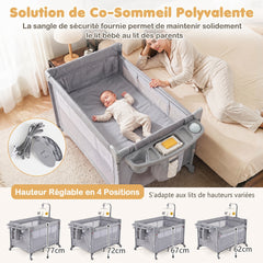 Costway Lit Parapluie Bébé Pliant Portable 5 en 1 avec Rangement 0-3 Ans Lit de Voyage en Maille à Hauteur Réglable 4 Niveaux avec Roulettes Gris
