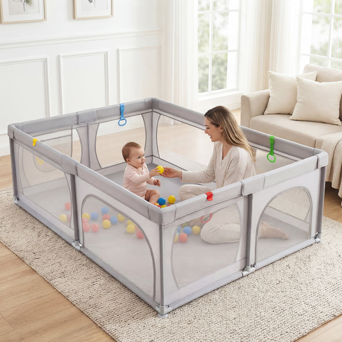 Costway Parc pour Bébé Clôture pour Tout‑petits avec Sac de Rangement Ventouses Porte à Fermeture éclair 50 Balles 206×147×68,5cm Gris Clair