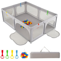Costway Parc pour Bébé Clôture pour Tout‑petits avec Sac de Rangement Ventouses Porte à Fermeture éclair 50 Balles 206×147×68,5cm Gris Clair
