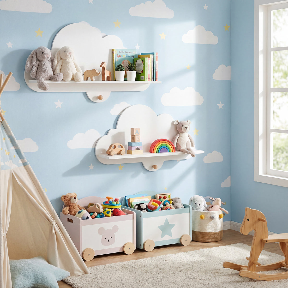Costway Lot de 2 Étagères Murales Enfant Forme Nuage Bibliothèque Suspendue avec Patères en Bois Étagère de Rangement Flottante Blanc