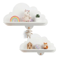Costway Lot de 2 Étagères Murales Enfant Forme Nuage Bibliothèque Suspendue avec Patères en Bois Étagère de Rangement Flottante Blanc