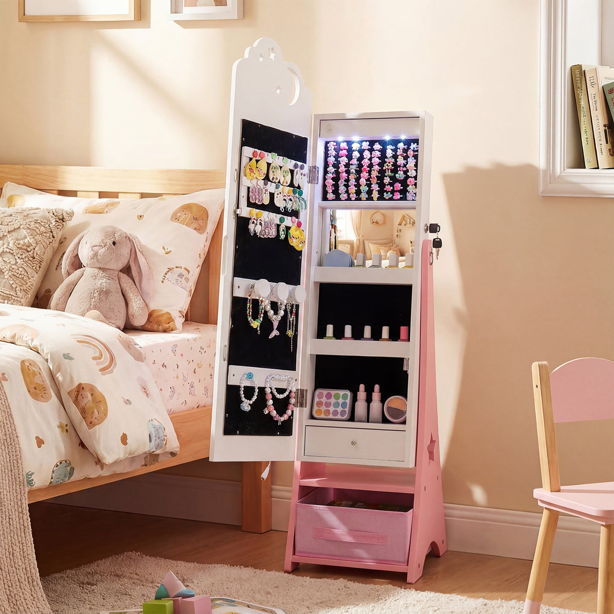 Costway Armoire à Bijoux pour Enfants avec Éclairage Organiseur de Bijoux pour Enfants avec Miroir Pleine Longueur 4 Lampes à Capteur Blanc