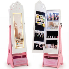 Costway Armoire à Bijoux pour Enfants avec Éclairage Organiseur de Bijoux pour Enfants avec Miroir Pleine Longueur 4 Lampes à Capteur Blanc