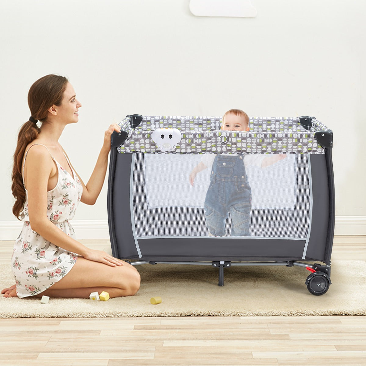 Costway Lit Parapluie Bébé Pliant 4 en 1 avec Matelas Filet Amovible Réglable Table à Langer Sac de Transport Roues Verrouillables