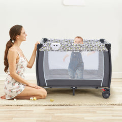 Costway Lit Parapluie Bébé Pliant 4 en 1 avec Matelas Filet Amovible Réglable Table à Langer Sac de Transport Roues Verrouillables