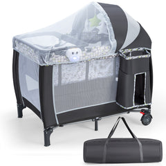 Costway Lit Parapluie Bébé Pliant 4 en 1 avec Matelas Filet Amovible Réglable Table à Langer Sac de Transport Roues Verrouillables