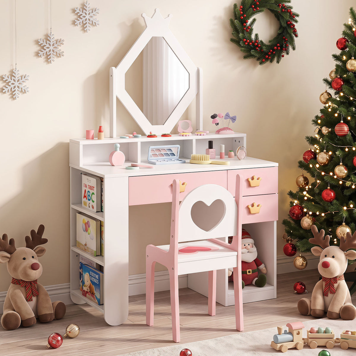 Costway Coiffeuse Enfant avec Chaise et Miroir en Forme de Losange avec Bibliothèque, 3 Tiroirs Motif Couronne Charge 50/75 kg pour 3-7 Ans Blanc