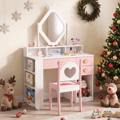 Costway Coiffeuse Enfant avec Chaise et Miroir en Forme de Losange avec Bibliothèque, 3 Tiroirs Motif Couronne Charge 50/75 kg pour 3-7 Ans Blanc