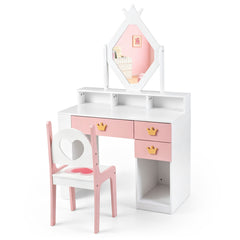 Costway Coiffeuse Enfant avec Chaise et Miroir en Forme de Losange avec Bibliothèque, 3 Tiroirs Motif Couronne Charge 50/75 kg pour 3-7 Ans Blanc