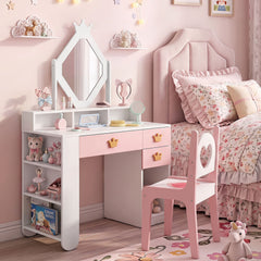 Costway Coiffeuse Enfant avec Chaise et Miroir en Forme de Losange avec Bibliothèque, 3 Tiroirs Motif Couronne Charge 50/75 kg pour 3-7 Ans Blanc