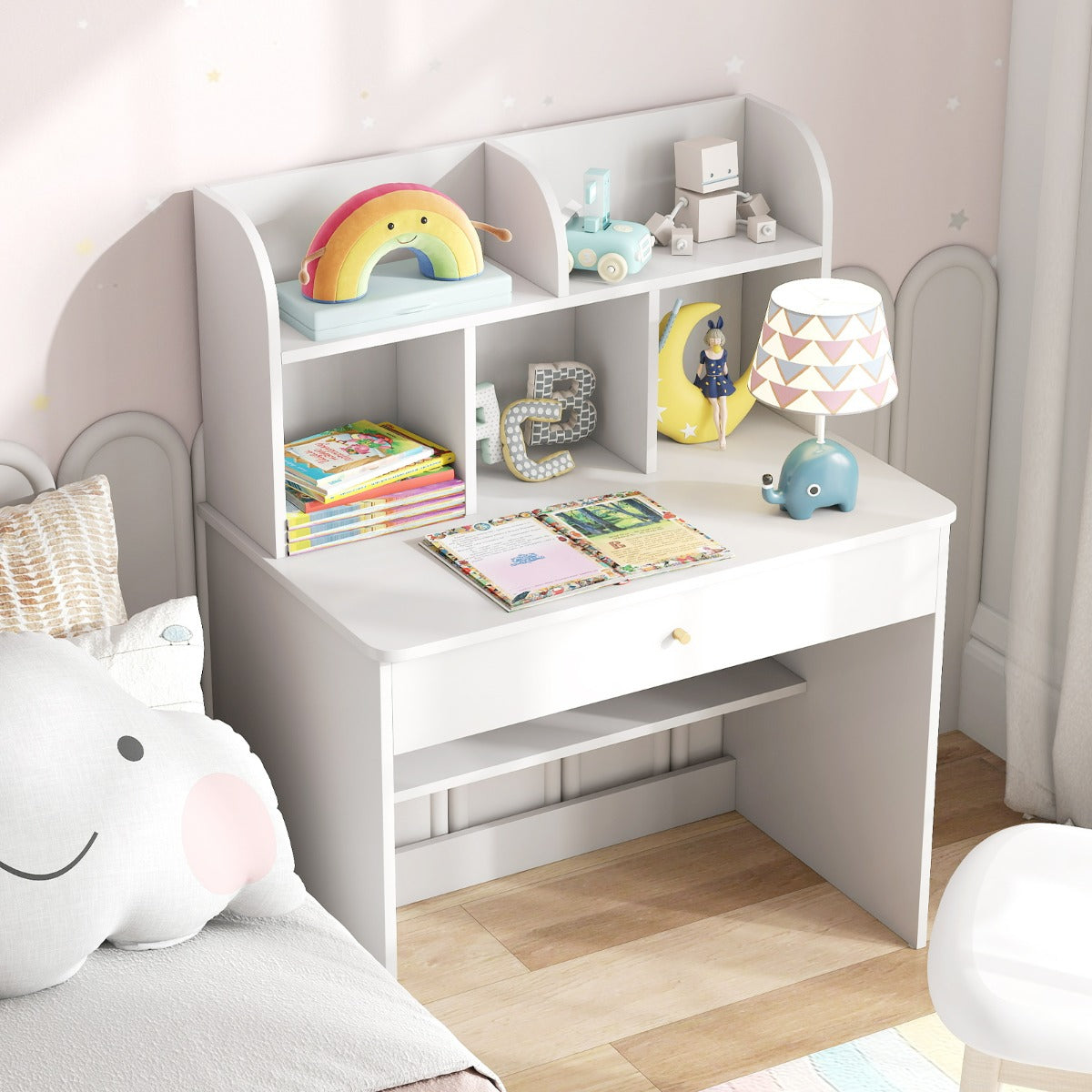Costway Bureau D'etude en Bois pour Enfants Petit Bureau avec Clapier et 1 Tiroir Etagère de Rangement Bureau pour Etudiants avec Rangement Blanc