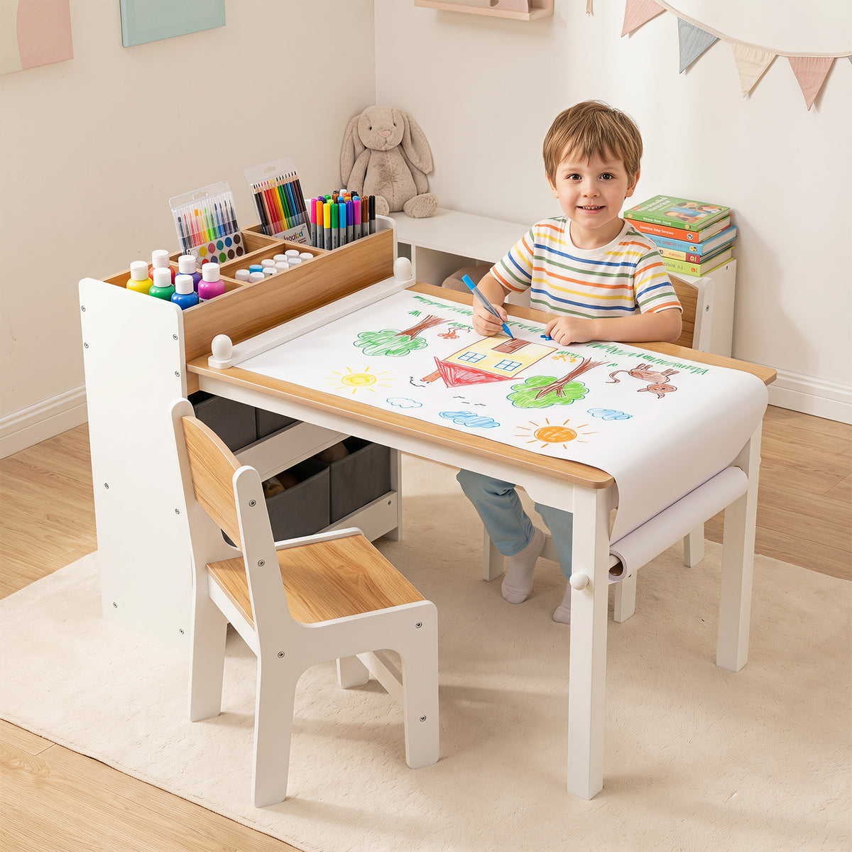 Costway Table Enfant avec 2 Chaises Bureau avec Rouleau de Papier Bibliothèque 4 Compartiments 6 Bacs en Tissu Amovibles pour 3-6 Ans Naturel