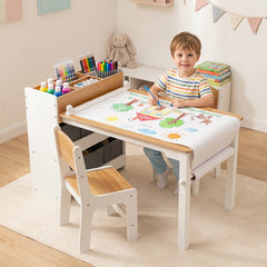 Costway Table Enfant avec 2 Chaises Bureau avec Rouleau de Papier Bibliothèque 4 Compartiments 6 Bacs en Tissu Amovibles pour 3-6 Ans Naturel