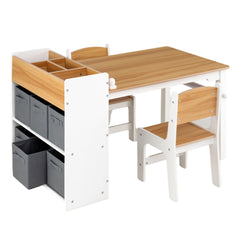 Costway Table Enfant avec 2 Chaises Bureau avec Rouleau de Papier Bibliothèque 4 Compartiments 6 Bacs en Tissu Amovibles pour 3-6 Ans Naturel