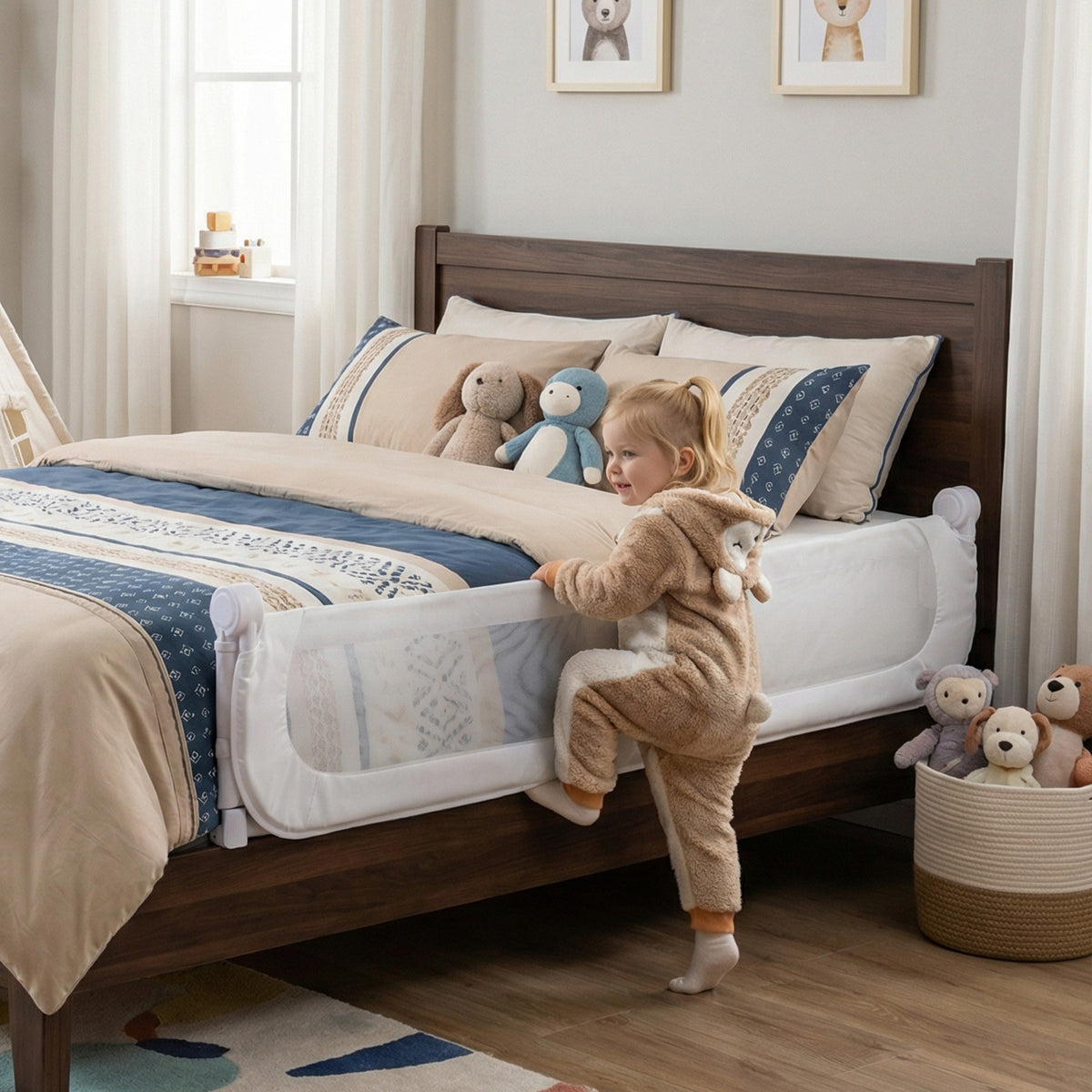 Costway Barrière de Lit Pliable Barrière de Lit Bébé Ajustable de 120 CM avec Housse Amovible en Tissu Oxford & Base en U Robuste Blanc