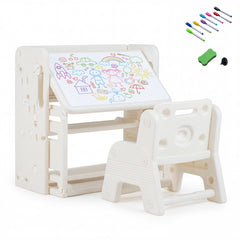 Costway Ensemble Bureau et Chaise pour Enfants Table d'Étude pour Enfants avec Étagères Latérales et Paniers de Rangement pour 3+ Ans Beige