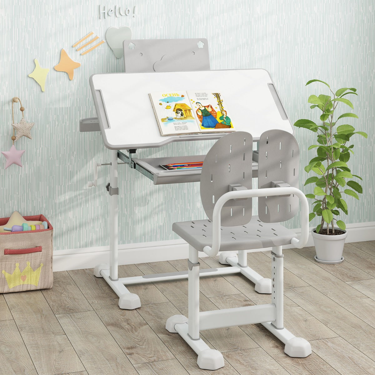 Costway Ensemble de Bureau et Chaise pour Enfant Bureau d'Étude Réglable en Hauteur avec Plateau Inclinable Support de Livre Gris