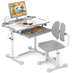Costway Ensemble de Bureau et Chaise pour Enfant Bureau d'Étude Réglable en Hauteur avec Plateau Inclinable Support de Livre Gris