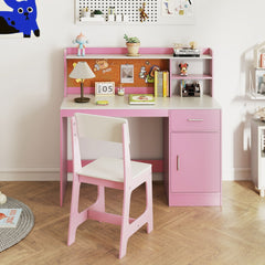 Costway Ensemble Bureau et Chaise d'Étude pour Enfants Table d'Écriture avec Étagères Tiroir Armoire de Rangement Cadeau pour 3+ Ans Rose
