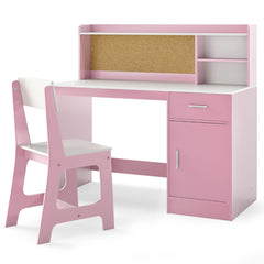 Costway Ensemble Bureau et Chaise d'Étude pour Enfants Table d'Écriture avec Étagères Tiroir Armoire de Rangement Cadeau pour 3+ Ans Rose