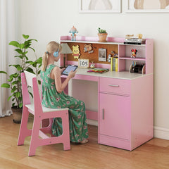 Costway Ensemble Bureau et Chaise d'Étude pour Enfants Table d'Écriture avec Étagères Tiroir Armoire de Rangement Cadeau pour 3+ Ans Rose